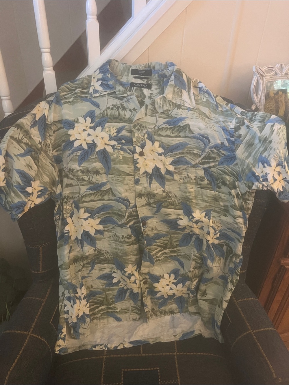 Nautica Blue, Green & Cream Tropical Floral Camp Shirt